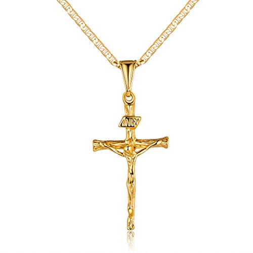 عبر قلادة للنساء والرجال والفتيان والفتيات | Barzel 18K Gold Plated Flat Mariner / Marina 060 3MM سلسلة قلادة مع قلادة الصليب. عبر قلادة للنساء والرجال والفتيان والفتيات | Barzel 18K Gold Plated Flat Mariner / Marina 060 3MM سلسلة قلادة مع قلادة الصليب.