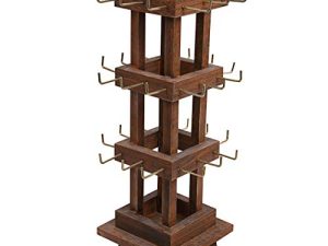 Ikee Design Natural Wood Rotating 36 Hooks Jewelry Tower ، حامل عرض بطاقات تخزين وحلق دائري من أجل المتجر والعرض والمعرض التجاري والمنزل ، لون بني