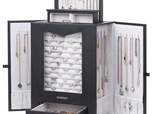 منظم مجوهرات Homde مع خطافات عقد نافذة زجاجية حقيقية هدية للنساء صندوق عرض مجوهرات للقلائد خواتم وأقراط وإكسسوارات مجوهرات أخرى (أسود)
