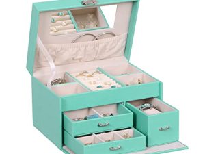 صندوق مجوهرات BEWISHOME ، صندوق منظم مجوهرات مع قفل ، صندوق مجوهرات للنساء والفتيات صندوق تخزين للأقراط ، الخواتم ، القلائد ، أزرار الكم ، الساعات سماوي SSH78C