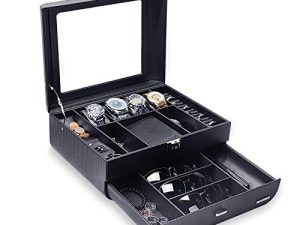 Homde Watch Box Arc Display Case منظم مجوهرات من ألياف الكربون وحامل نظارات شمسية فاخر مع درج وغطاء زجاجي وقفل للرجال والنساء