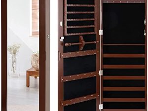 SUPER DEAL Jewelry Armoire Lockable Jewelry Cabinet Wall / Door Mounted Jewelry Organizer with Full Length Mirror and Drawers - 14.5W x 48H in - Brown