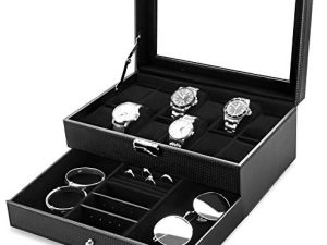 Oyydecor Watch Box 12 Slots Watch Organizer Jewelry Display Case Organizer with Jewelry Drawer for Storage and Displayable Lockable (Black / Vertical Stripes)