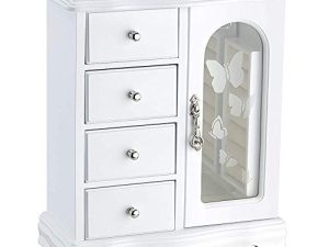 صندوق مجوهرات RR ROUND RICH DESIGN - مصنوع من الخشب الصلب مع منظم 4 أدراج وقلادة مدمجة ومرآة كبيرة بيضاء