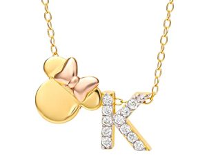 عقد بقلادة بشكل أولي من زركونيا مكعب مطلية بالذهب من Disney Minnie Mouse ، حرف A إلى Z ، ذهبي على الفضة الإسترليني ، 18 "