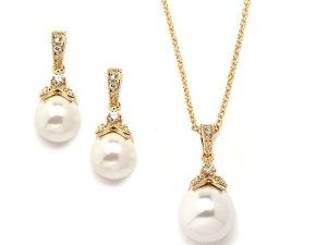 مجموعة مجوهرات الزفاف من Mariell Vintage Ivory Pearl قلادة وأقراط مجوهرات الزفاف للعرائس ووصيفات الشرف