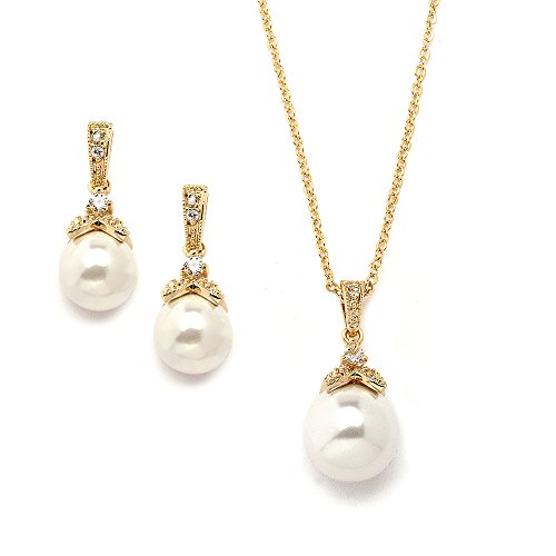 مجموعة مجوهرات الزفاف من Mariell Vintage Ivory Pearl قلادة وأقراط مجوهرات الزفاف للعرائس ووصيفات الشرف مجموعة مجوهرات الزفاف من Mariell Vintage Ivory Pearl قلادة وأقراط مجوهرات الزفاف للعرائس ووصيفات الشرف