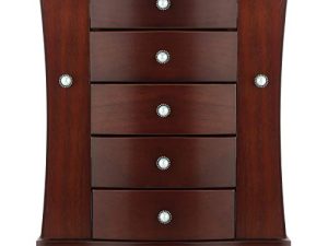 صندوق مجوهرات RR ROUND RICH DESIGN - مصنوع من الخشب الصلب مع منظم 4 أدراج على شكل برج وبابين منفصلين مفتوحين على جانبين ومرآة كبيرة بنية