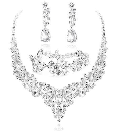 LOYALLOOK كريستال مجموعة مجوهرات الزفاف للنساء حجر الراين قلادة أقراط سوار زفاف وصيفه الشرف هدايا مناسبة مع فستان الزفاف LOYALLOOK كريستال مجموعة مجوهرات الزفاف للنساء حجر الراين قلادة أقراط سوار زفاف وصيفه الشرف هدايا مناسبة مع فستان الزفاف