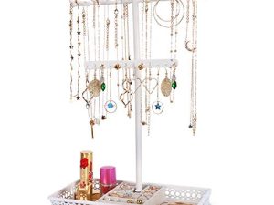 Meangood Jewelry Tree Stand Organizer 3in1 necklace Organizer Display Bracelet Earrings and Ring Tray Jewelry Holder Hanging Metal （White）