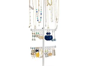 Ekero Jewelry Organizer Stand Necklace Organizer قابل للتعديل الارتفاع حامل مجوهرات سعة كبيرة قلادة القرط حامل حلقة سوار عرض 3 في 1 ماتي الأبيض