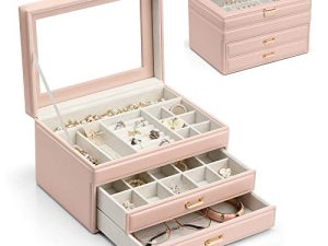 صندوق مجوهرات VlandoJewelry ، صناديق مجوهرات جلدية ذات سعة كبيرة ، منظم مجوهرات شفاف للبنات ، أقراط ، عقد ، تخزين مجوهرات السوار للنساء ، وردي ، غطاء شفاف