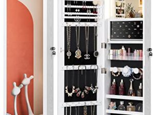 Nicetree 47.2 "H Touch LED Mirror مع تخزين مجوهرات ، خزانة مجوهرات بمرآة مكياج داخلية ، منظم مجوهرات مثبت على الباب / الحائط ، درجان ، أبيض ، هدايا عيد الميلاد للنساء