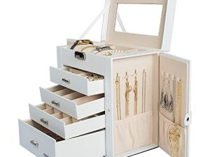 صندوق مجوهرات ضخم مصنوع من الجلد الصناعي من Homde ، منظم ساعة معكوسة على شكل حلقة ، حلق تخزين قابل للقفل (أبيض)