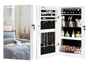 خزانة مجوهرات YITAHOME LEDs مثبتة على الحائط / فوق الباب خزانة مجوهرات صغيرة مع مرآة موفرة للمساحة منظم تخزين مجوهرات قابل للقفل ، أبيض