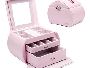 Homde Girls Jewelry Box Pink صندوق تخزين منظم جلد صناعي مع مرآة