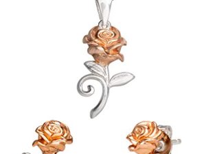 مجموعة مجوهرات Disney Beauty and the Beast ، عقد وأقراط Belle Enchanted Rose ، الفضة الإسترليني ، ممدد 15 "+2"