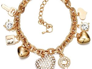 سوار ربط سلسلة ذهبية - 7 "+ 2" موسع 14K مطلية بالذهب أساور الحب قفل للنساء والفتيات ، مع كريستال ، قلب الحب ، مفتاح ، قفل ، سوار سحر