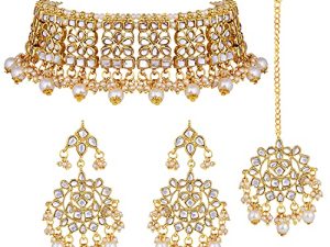 Aheli أنيقة هندية فو كوندان مرصعة قلادة مع مجموعة أقراط Maang Tikka العرقية الزفاف ملابس احتفالية مجوهرات الأزياء هدية للنساء والفتيات