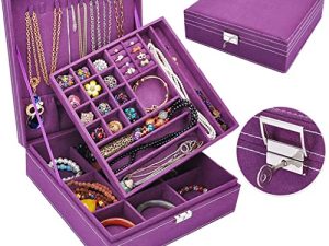 QBestry Girls Jewelry Box for Women Jewelry Case 2 Layer Large Jewelry Organizer Storage Case with Lock Jewellery Holder for necklace Organizer Bracelet Holder Ring Storage Box Vintage Gift، Purple