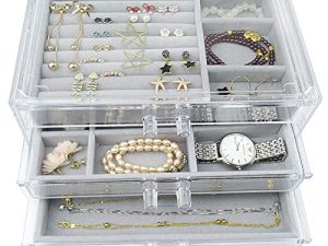 صندوق مجوهرات أكريليك 3 أدراج ، منظم مجوهرات مخملي ، حلقات قرط وقلائد وأساور عرض هدية للنساء والفتيات