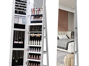 HNEBC LED Light Jewelry Organizer Mirror 360 ° Rotoire، Jewelry Armoire with Door Mirror، Full Length Mirror Jewelry Cabinet، Mirror with Jewelry Storage، Large Jewelry Boxes & Organizers （A_White）