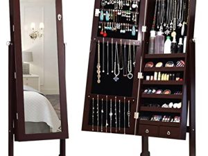Giantex Jewelry Armoire Cabinet Organizer with Mirror ، قابل للقفل مع مفتاح 14 مصباح LED تلقائي التشغيل كامل الطول خزائن غرفة نوم معكوسة ، صندوق دولاب مجوهرات قائم على الأرض مع درجين (بني)