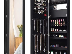 خزانة مجوهرات Giantex 15 LEDs معلقة على الحائط ، خزانة مجوهرات قابلة للقفل مع مرآة بطول كامل ، صينية مكياج قابلة للطي ، حاملات فرشاة أحمر الشفاه ، منظم تخزين المجوهرات (أسود)