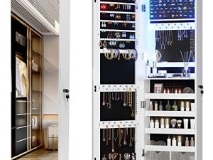 خزانة مرآة مجوهرات Vlsrka 47.2 "LED ، منظم مجوهرات مثبت على الحائط / الباب مع مرآة بطول كامل ، خزانة تخزين كبيرة السعة ، 4 أدراج ، 5 أرفف ، مرآة مضاءة مدمجة