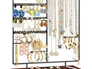 ProCase Jewelry Stand المنظم حامل القرط ، 144 ثقب عرض القرط المرصعة حامل قلادة برج التخزين مع صينية حلقية خشبية قابلة للإزالة للأقراط والقلائد والأساور والساعات - أسود